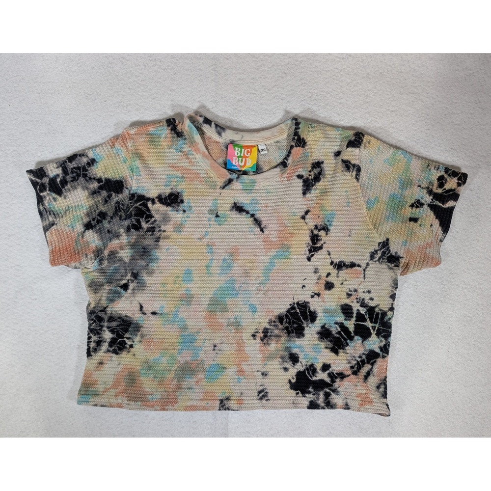 Big Bud Press Waffle Knit Tie Dye Crop Top XS Short Sleeve Crew Neck Cotton